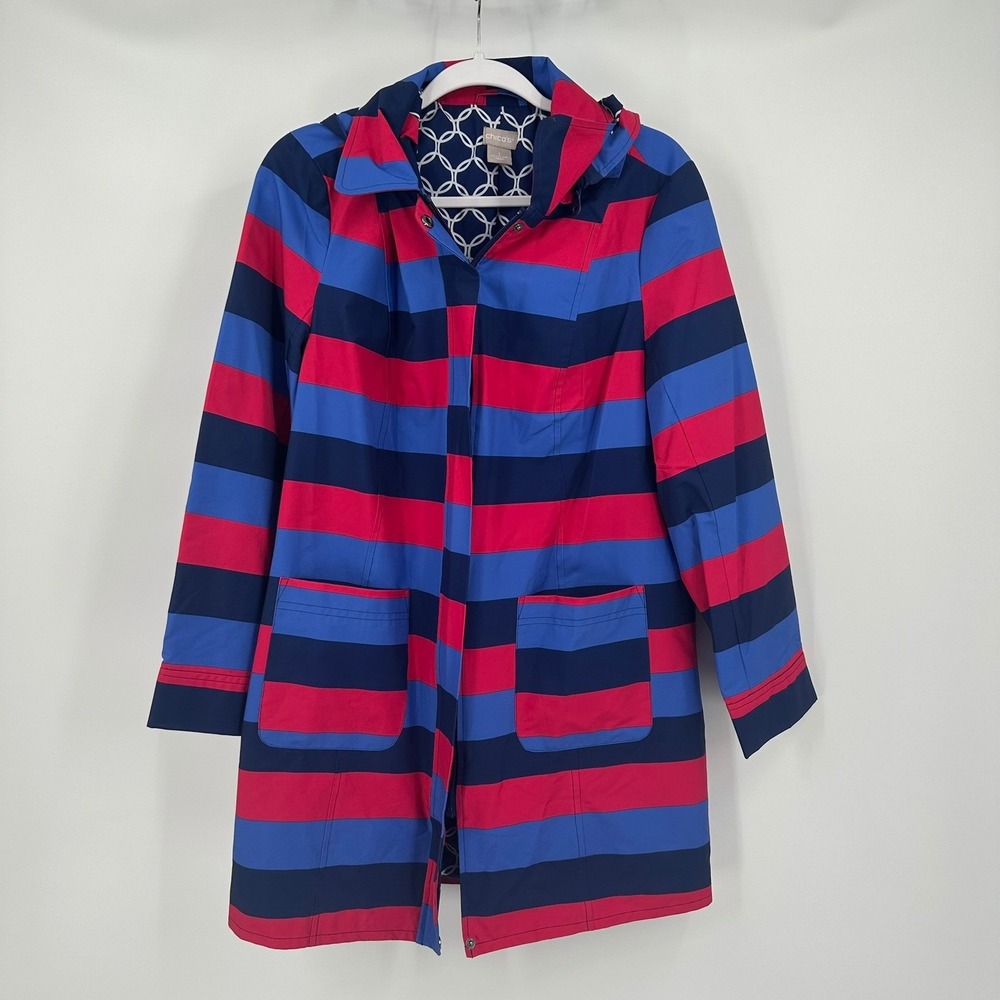 Chicos Women Nautical Preppy Raincoat Size 1 US Striped Whimsical Colorful Bold